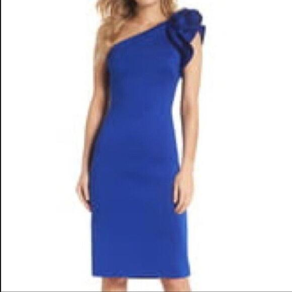 Eliza J Dresses & Skirts - Eliza J One Shoulder Sheath Scuba Rose Women Midi Blue Dress Size 4